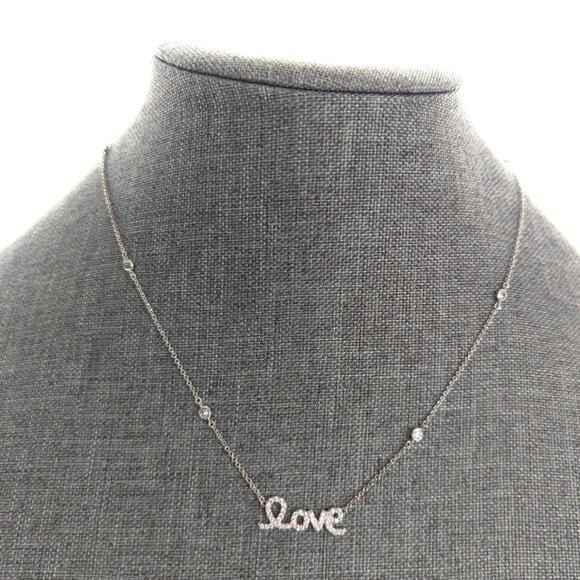 Delicate Silver Tone Cursive Love Pendant Bezel Set Rhinestone Dainty Necklace - Picture 1 of 4